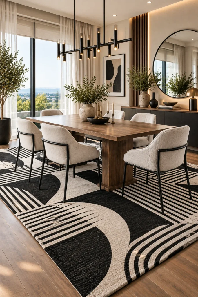 Sophisticated black and white dining room with a dramatic patterned rug, natural wood table, modern chairs, and elegant lighting.
