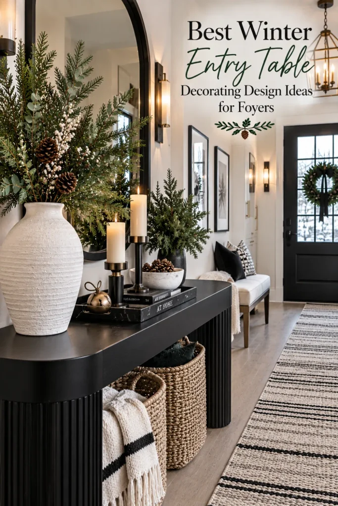 Black and white winter entry table with evergreen branches, monochrome vase, modern mirror, and high-contrast foyer decor.