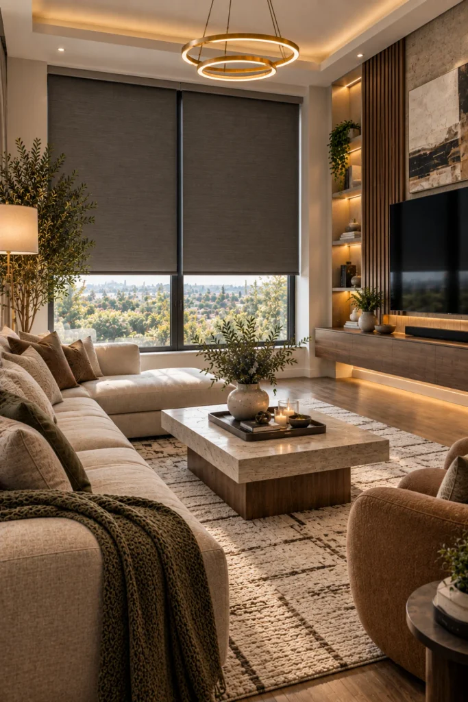 Stylish modern living room with blackout blinds for privacy and glare control, contemporary sectional, wall-mounted TV, textured rug, warm cabinetry, and luxury lighting.