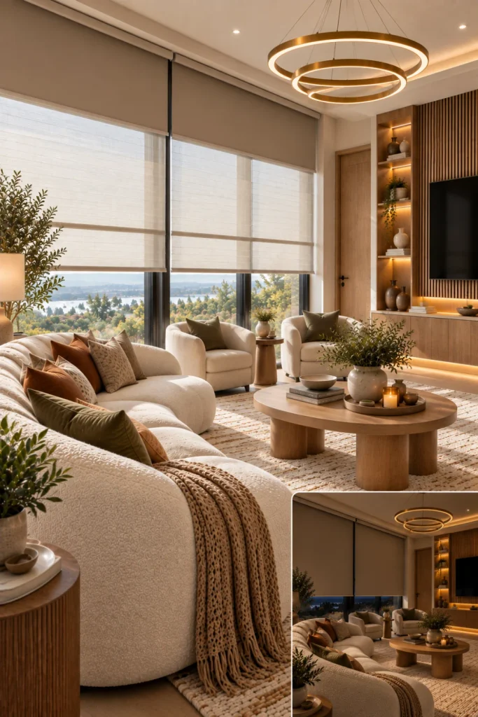 Luxury modern living room featuring layered blackout and light-filtering window shades across large windows, cream seating, warm oak furniture, a plush textured rug, a wall-mounted TV, fluted cabinetry with warm LEDs, and contemporary lighting.