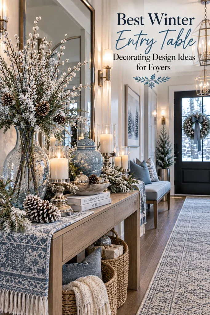 Blue and silver winter entry table with frosted branches, glass decor, silver candleholders, and elegant winter wonderland foyer styling.