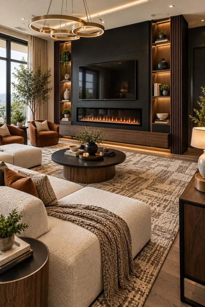 Bold black electric fireplace feature wall with cream sectional, walnut furniture, textured rug, modern lighting, and luxury contemporary living room decor.