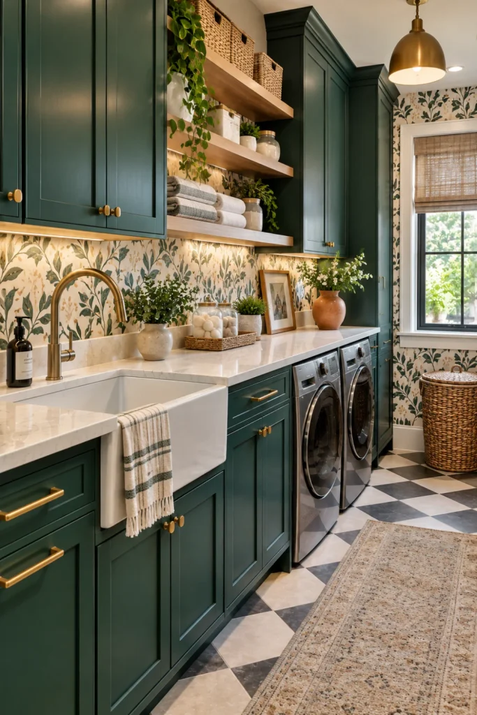 Colorful modern laundry room with saturated cabinetry, patterned tile floor, stylish wallpaper, brass hardware, contemporary lighting, and coordinated decorative accents.