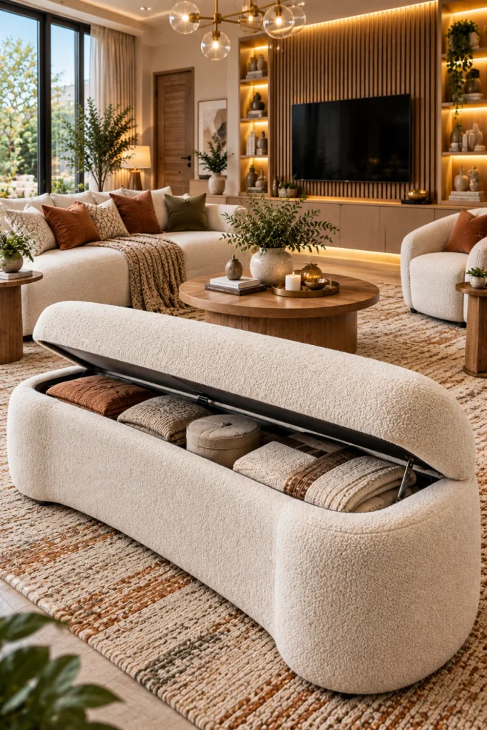 Luxe contemporary living room with a curved ivory bouclé storage bench, hidden compartment, cream sofa, natural oak furniture, textured rug, and warm illuminated cabinetry.