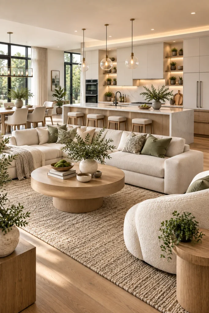 Bright, neutral, open-concept kitchen and living room with ivory cabinets, pale oak accents, beige seating, large windows, soft textiles, natural light, and expansive sightlines.