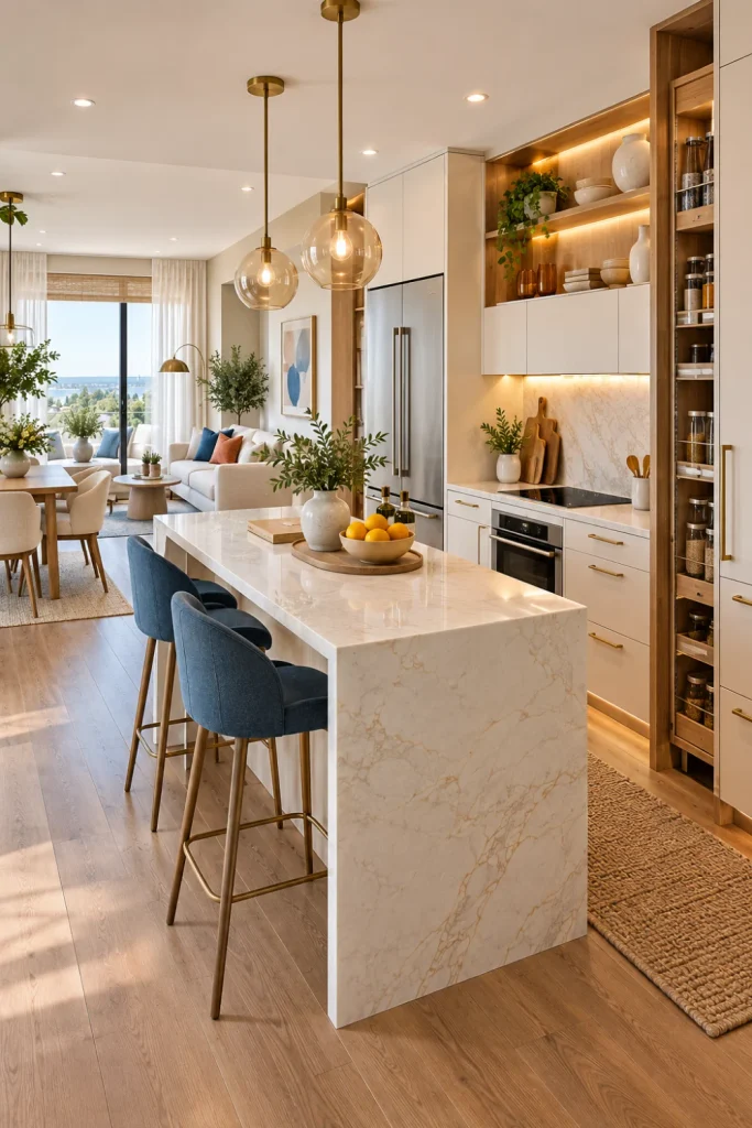 Bright small-space modern open kitchen with streamlined storage, light cabinetry, compact island, natural light, and airy contemporary styling.