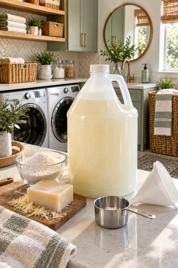Budget-friendly gallon batch of homemade liquid laundry detergent in a clean storage container on a modern laundry counter with bar soap, washing soda, measuring cup, and organized supplies.