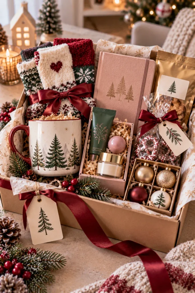 Budget-friendly Christmas gift collection featuring a cute mug, warm socks, mini skincare set, notebook, gourmet snacks, and festive ornaments.