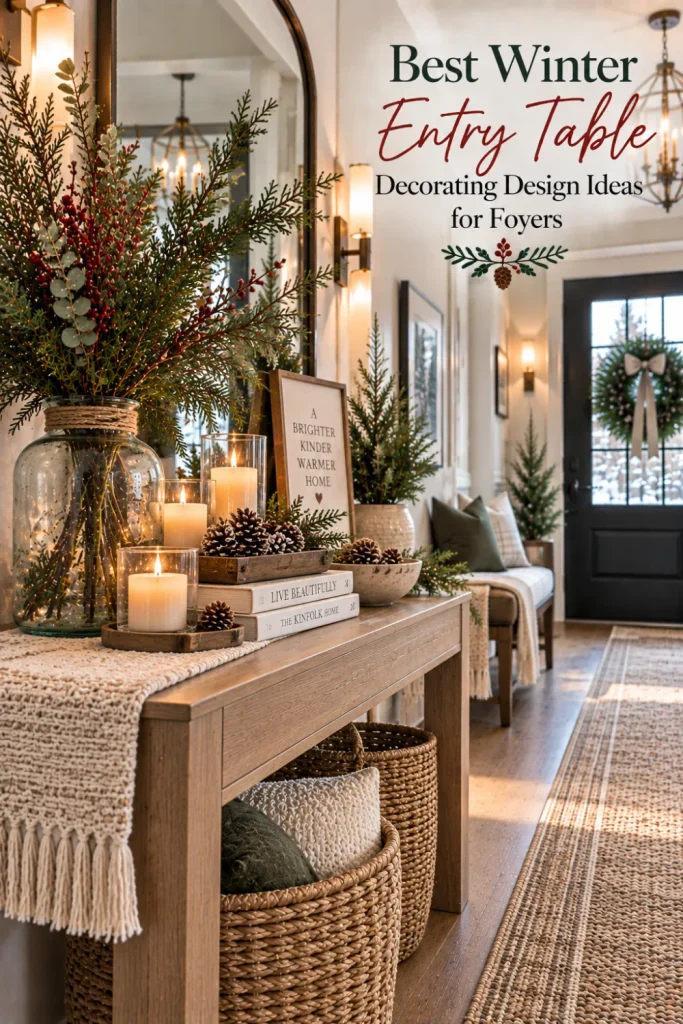 Budget-friendly winter entry table with DIY seasonal decor, recycled glass vase, pinecones, candles, greenery, and modern foyer styling.