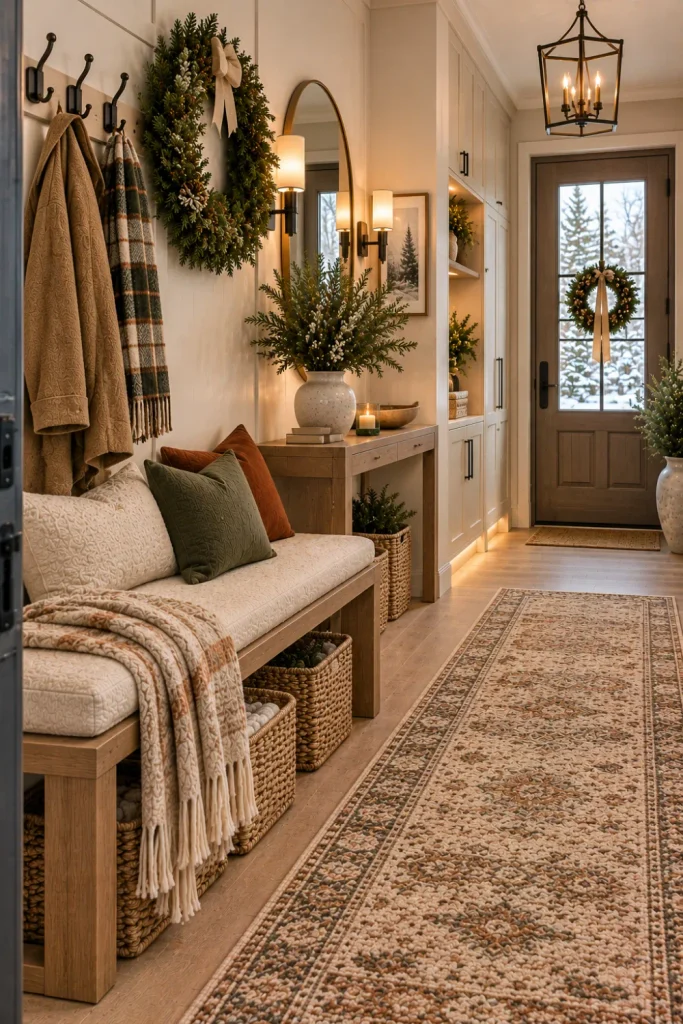 Budget-friendly winter entryway with repurposed furniture, woven baskets, affordable greenery, cozy textiles, a simple mirror, and warm modern lighting.