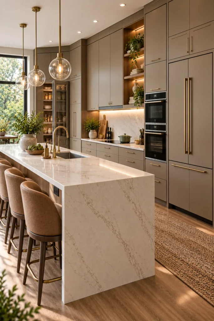 Built-in modern kitchen storage cabinets fitted precisely into a luxury contemporary kitchen with custom storage and elegant finishes.