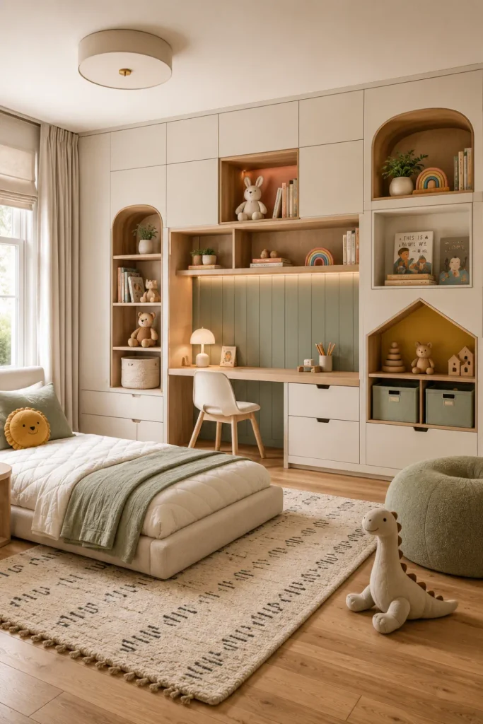 Modern clutter-free kids’ room featuring a full built-in storage wall, open bookshelves, concealed cabinets, warm wood, and stylish 2026 organization.