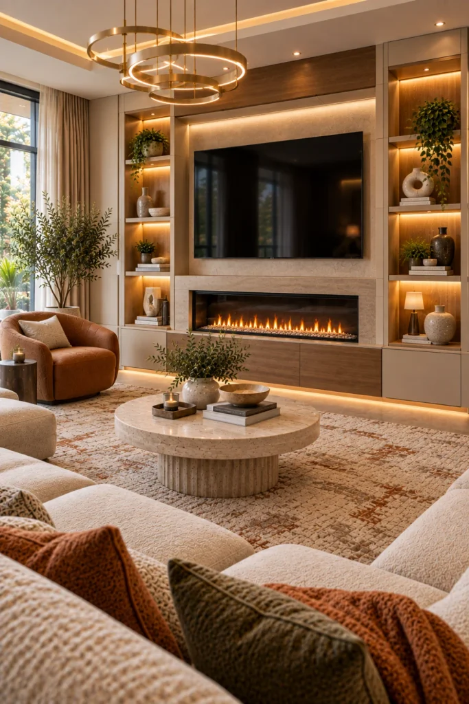 Built-in modern TV wall with fireplace, concealed storage, warm wood cabinetry, luxury seating, layered lighting, and contemporary décor.