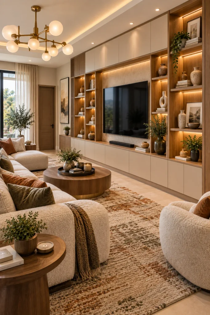 Custom built-in wall display cabinet with open niches, concealed storage, warm lighting, and wall-mounted TV in a luxurious contemporary living room with oak, cream, and neutral finishes.