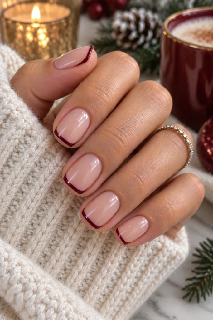 Short nude nails with elegant burgundy micro French tips, glossy finish, and sophisticated modern winter nail styling.