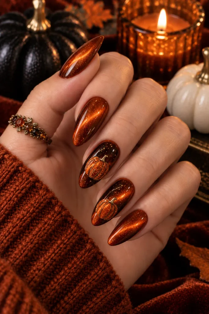 Burnt orange cat-eye Halloween nails with luminous magnetic shimmer and elegant glitter pumpkin art in a vibrant 2026 manicure.