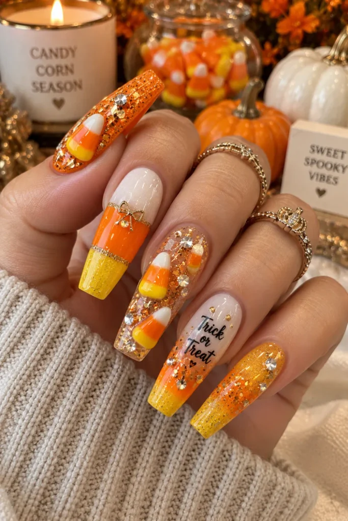 Candy corn glitter chunky Halloween nails in yellow, orange, and white with sparkle, raised candy details, glitter accents, and glossy festive finishes.
