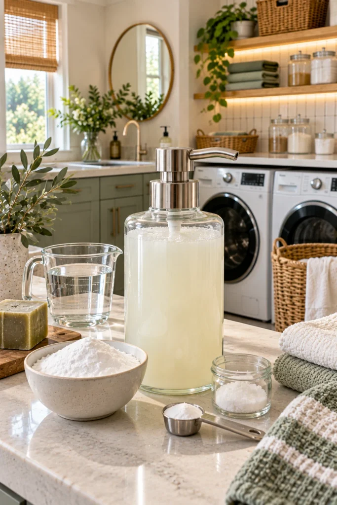 Close-up of homemade liquid Castile soap laundry detergent in an elegant dispenser with baking soda, salt, measuring spoon, folded towels, and a contemporary organized laundry room in the background.