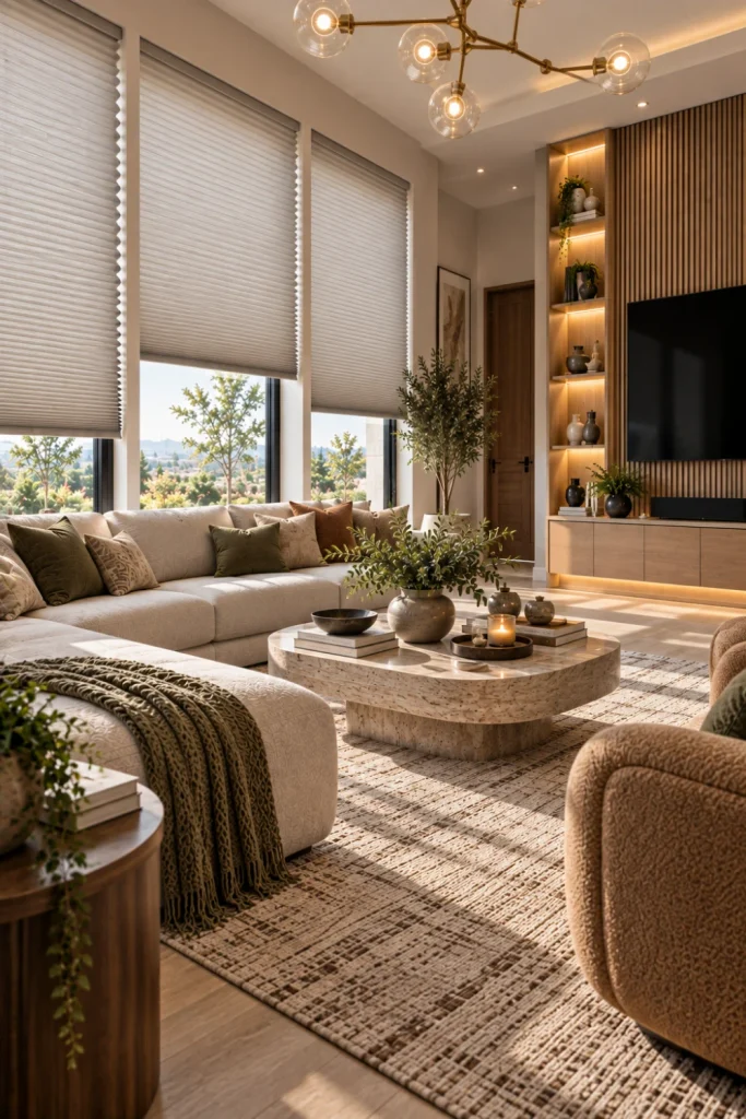 Cellular honeycomb shades in a streamlined modern living room with minimalist furniture, warm wood, integrated cabinet lighting, and natural daylight.