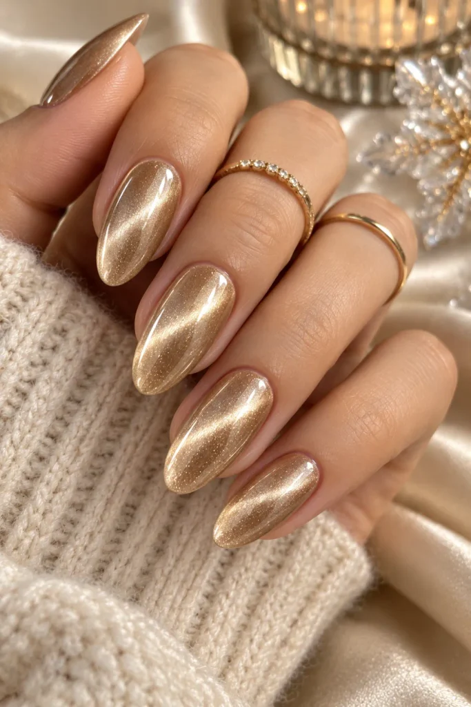 Champagne gold cat-eye winter nails with elegant magnetic shimmer, a glossy almond shape, and a refined luxurious neutral finish.