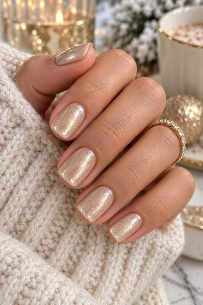 Elegant short champagne shimmer nails with a neutral beige base, fine sparkle, glossy finish, and chic winter styling for 2026.