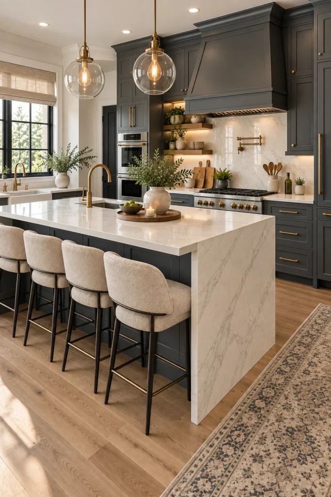Charcoal-painted kitchen cabinets with marble-look countertops, warm wood flooring, brass hardware, modern pendant lighting, black-framed windows, and elegant contemporary decor.