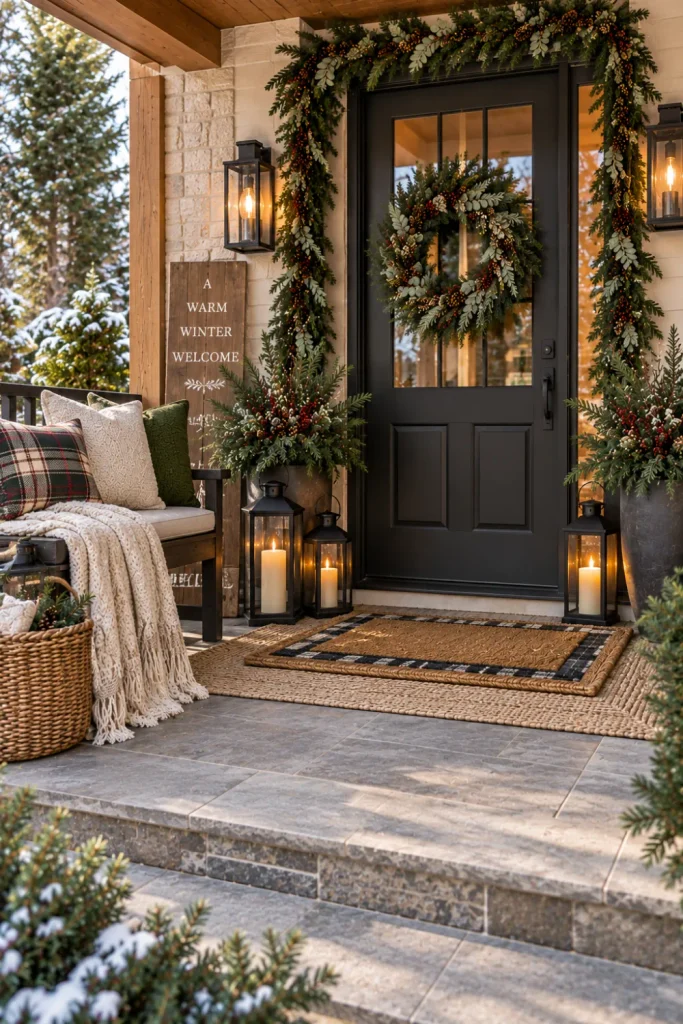 Charming layered winter front porch with garlands, winter wreath, lantern groupings, woven baskets, cozy textiles, and seasonal accents.