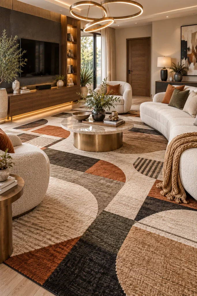 Chic geometric statement carpet anchoring a vibrant contemporary living room with cream seating, walnut cabinetry, modern lighting, and sophisticated colorful accents.