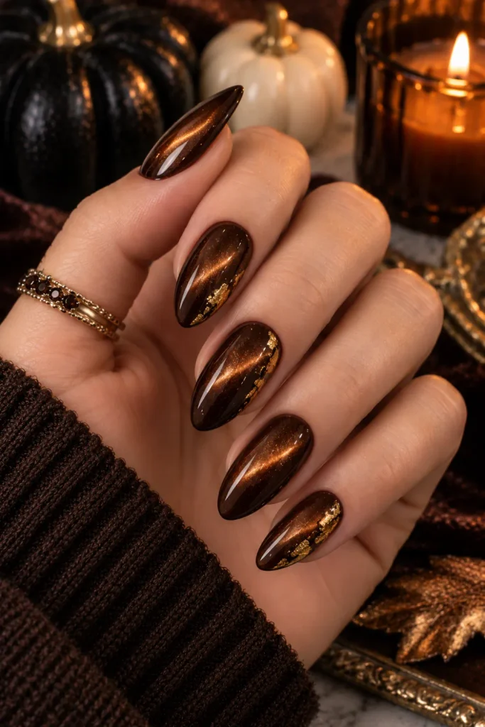 Rich chocolate brown cat-eye Halloween nails with warm magnetic shimmer and refined gold foil accents in a chic 2026 autumn manicure.