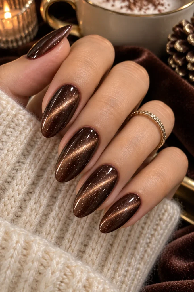 Chocolate brown cat-eye winter nails with rich velvet magnetic shine, glossy almond shape, warm luxury styling, and modern neutral elegance.