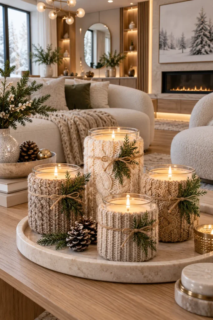 Chunky knit sweater candle wraps styled with warm winter candles, evergreen, wood accents, and modern cozy home decor in a contemporary 2026 living room.