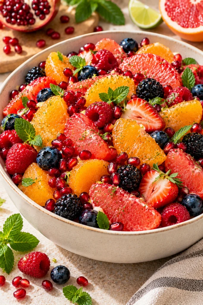 Citrus pomegranate fruit salad with oranges, grapefruit, berries, pomegranate seeds, mint, honey, and lime in a modern serving bowl.