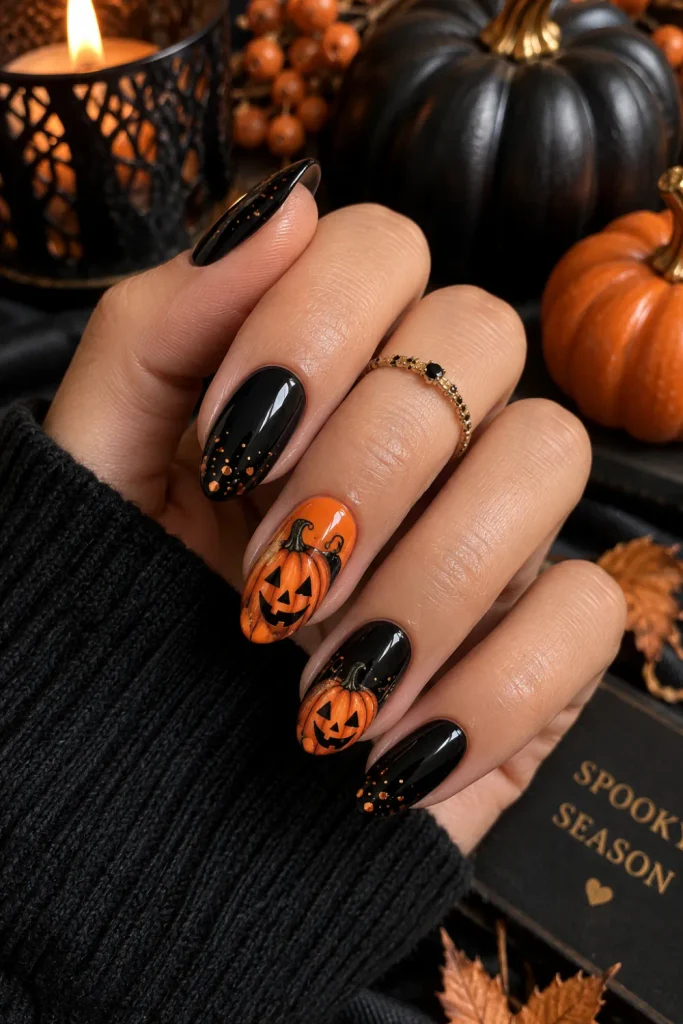 Classic black and vibrant orange pumpkin accent Halloween nails with glossy modern details, styled for a chic 2026 manicure.