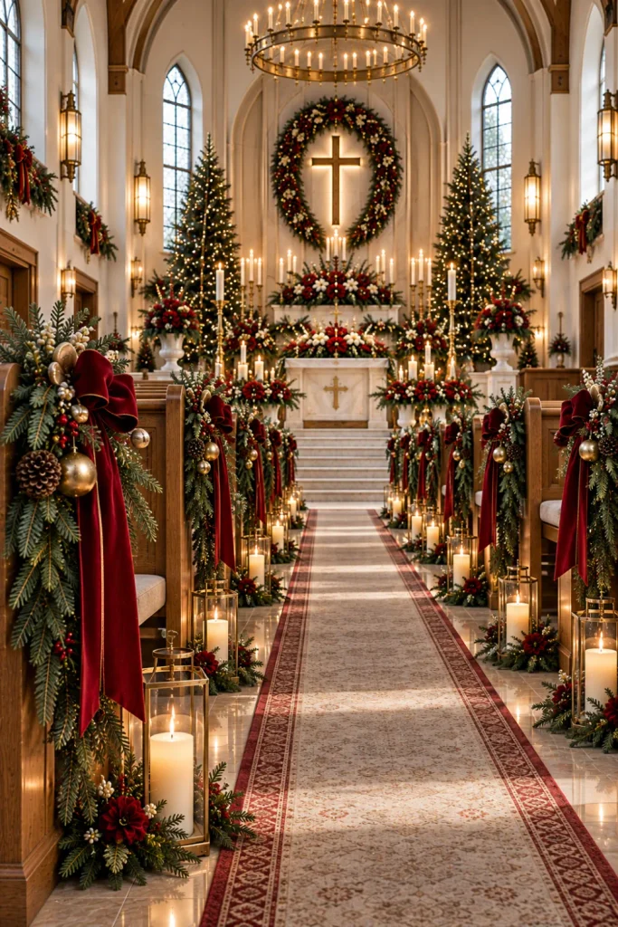 Classic red and gold Christmas church sanctuary with evergreen garlands, red ribbons, warm candles, modern pews, and elegant altar décor.