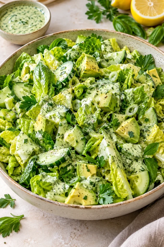 Classic romaine green goddess salad with cucumber, avocado, scallions, fresh herbs, and creamy herb dressing in a modern colorful presentation.