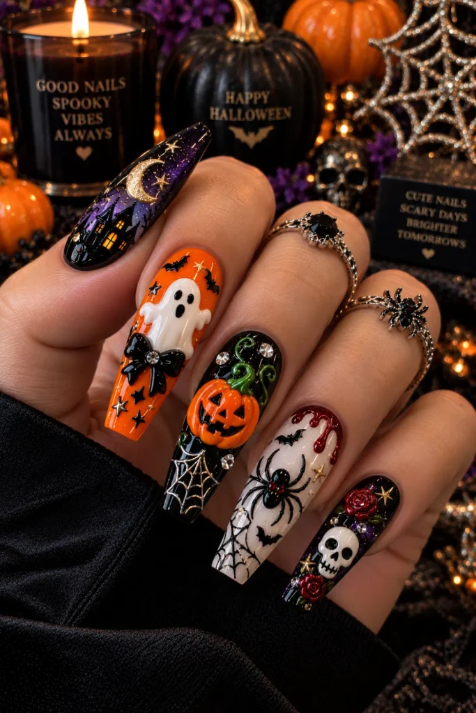 Classic spooky icon mixed with chunky Halloween nails featuring ghosts, bats, pumpkins, spiders, glitter, rhinestones, and colorful 3D accents.