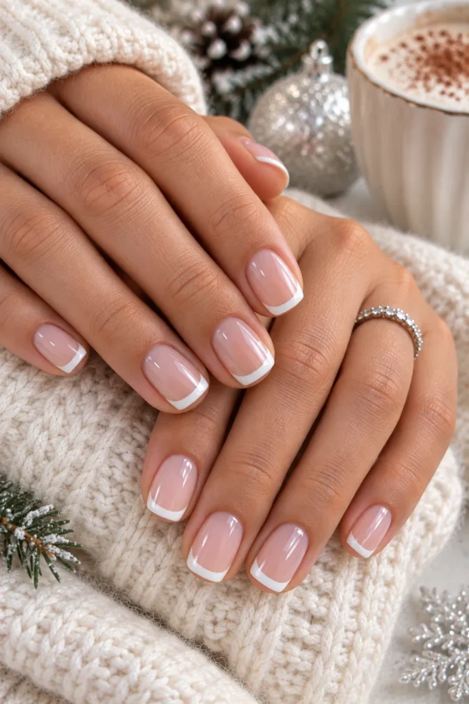 Classic winter French manicure on short nails with sheer pink nude polish, crisp white tips, glossy finish, and elegant 2026 styling.