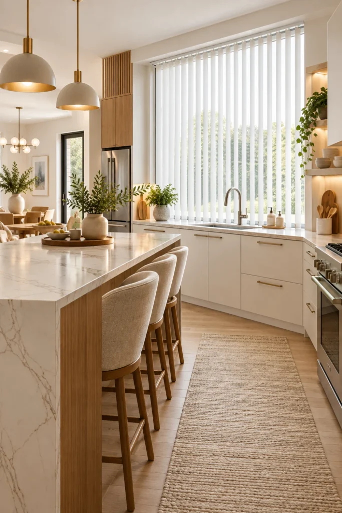 Bright modern kitchen featuring crisp white vertical blinds covering a large window, warm white cabinetry, light oak island, marble-look countertops, integrated cabinet lighting, contemporary pendant lights, and elegant neutral décor.