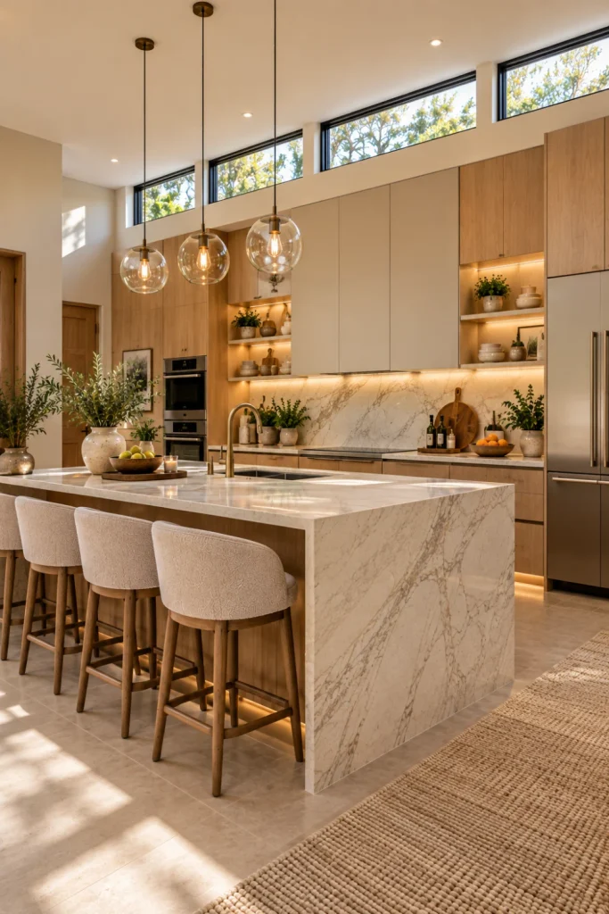 Sophisticated modern kitchen with high clerestory windows, warm oak cabinets, cream stone surfaces, integrated LED lighting, contemporary decor, and soft natural daylight.