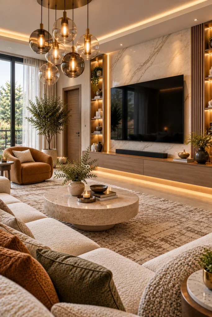 Clustered pendant chandelier above a luxurious modern living room with a wall-mounted television, warm marble feature wall, elegant seating, and layered lighting.
