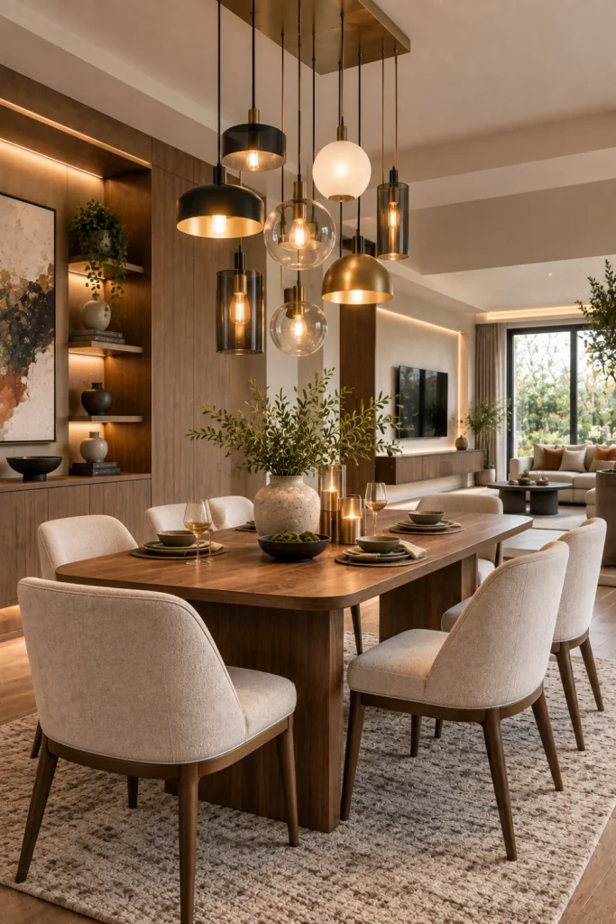 Clustered pendant chandelier with varied hanging heights above a stylish contemporary dining table, surrounded by cream chairs, warm wood cabinetry, and elegant modern decor.