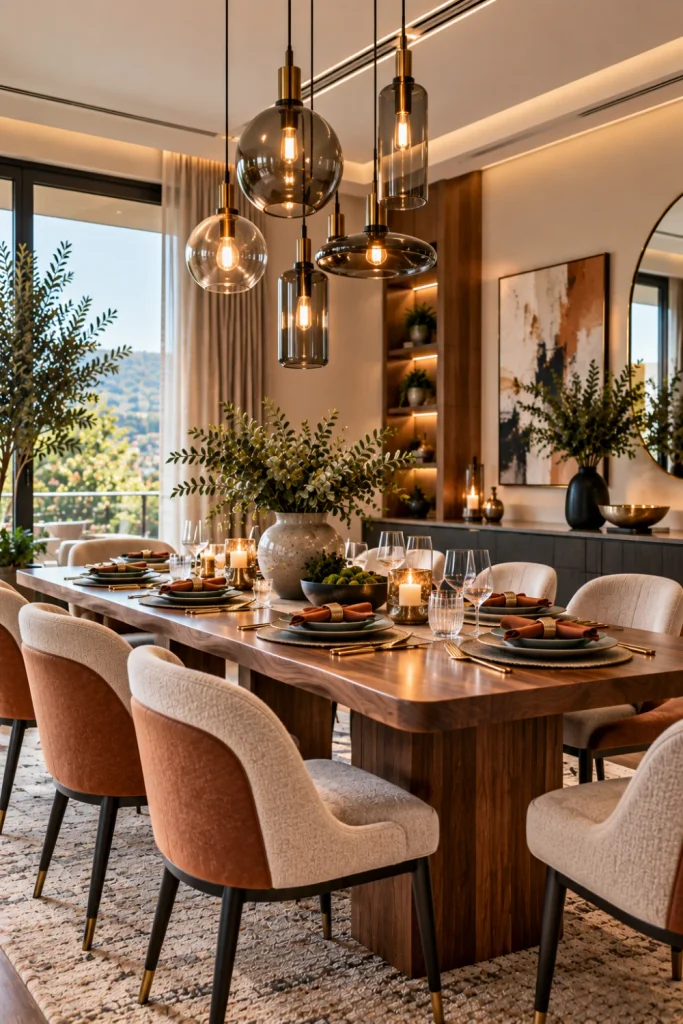 Clustered pendant lights above a stylish modern dining table with layered heights, warm lighting, contemporary furniture, and elegant décor.
