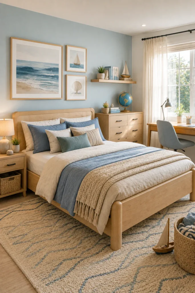 Coastal-inspired blue and beige boy’s bedroom with pale wood furniture, woven textures, soft bedding, subtle nautical decor, and modern 2026 styling.