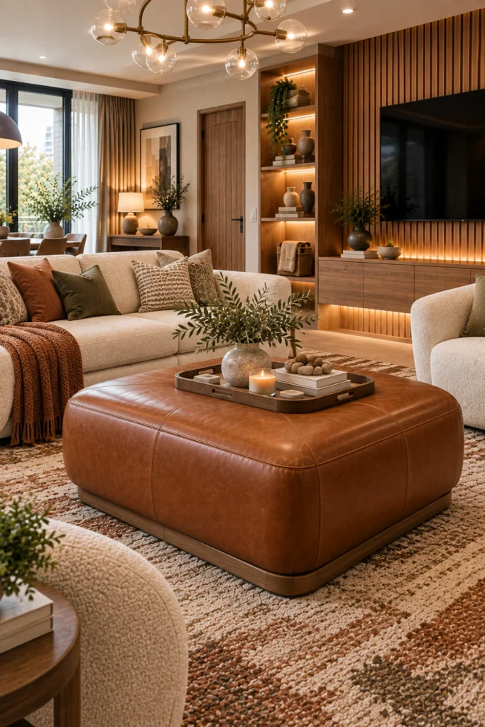 Rich cognac leather ottoman with warm oak and walnut accents in a sophisticated contemporary living room featuring cream seating, textured rug, fluted wood wall, mounted TV, illuminated cabinets, console table, chandelier, and layered decor.