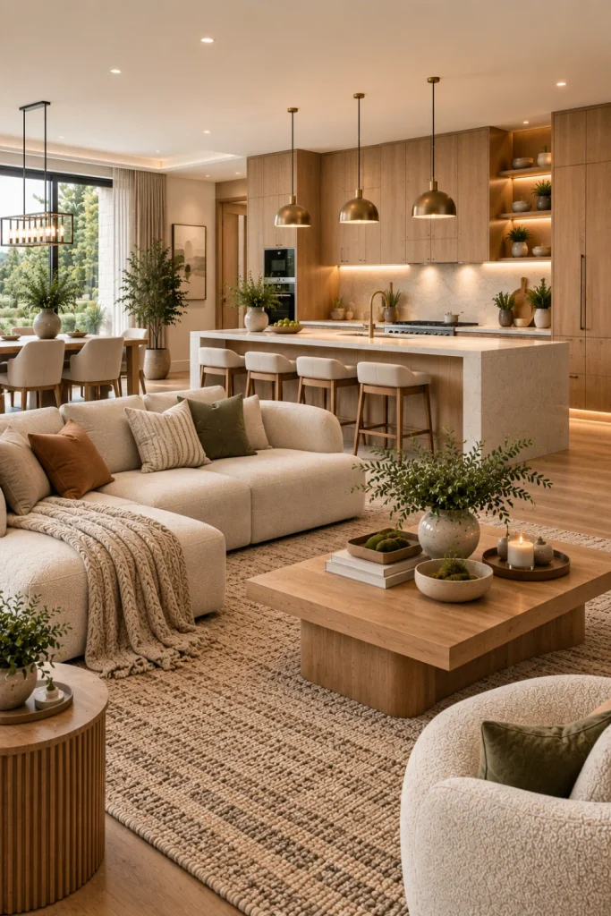 Clutter-free modern open concept kitchen and living room with repeated wood finishes, neutral colors, streamlined furniture, a defined rug, concealed storage, elegant cabinetry, and warm layered lighting.