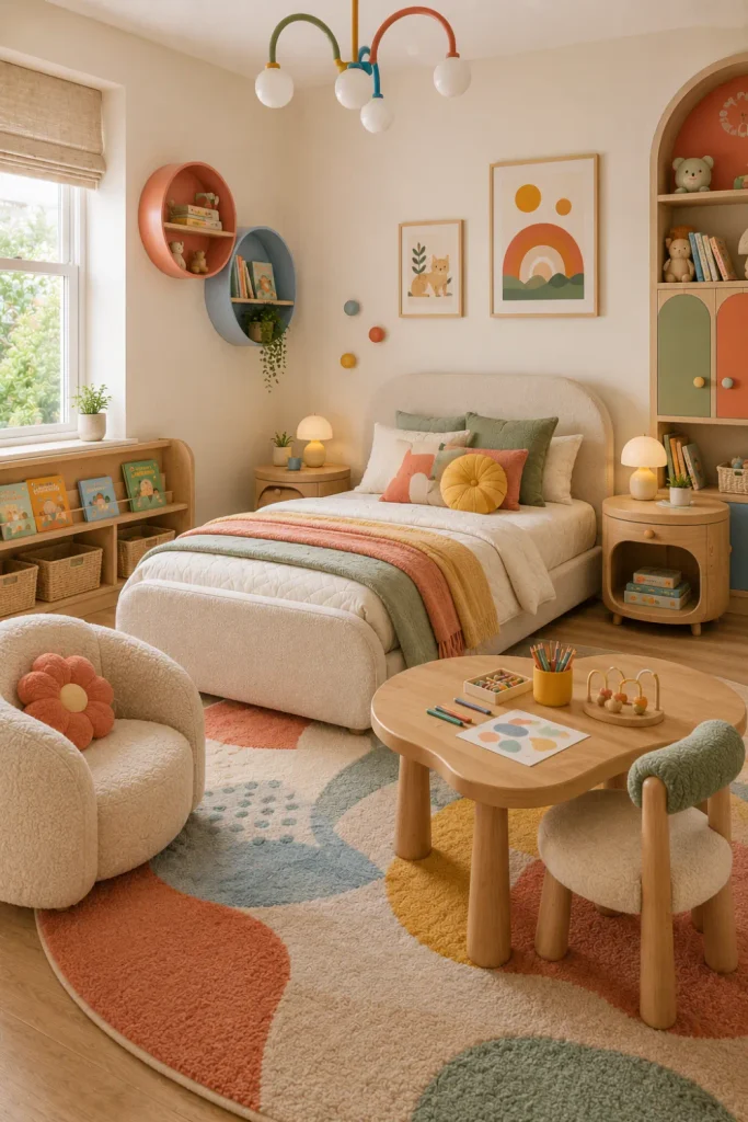 Colorful modern kids’ room with curved furniture, rounded shelves, playful contemporary decor, warm neutrals, coral, sage green, and butter yellow accents.
