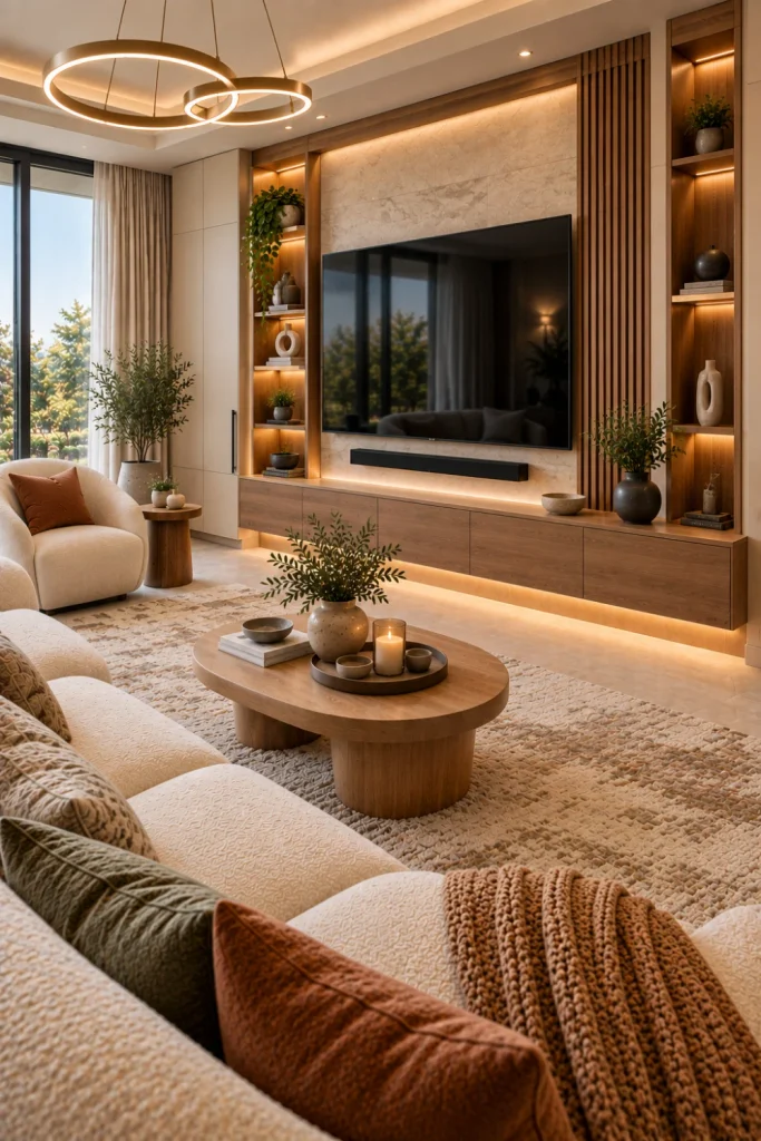 High-end modern living room featuring a complete media wall with a wall-mounted TV, hidden speakers, concealed cables, integrated storage, smart lighting, a floating console, warm wood and stone finishes, cream seating, and sophisticated contemporary decor.