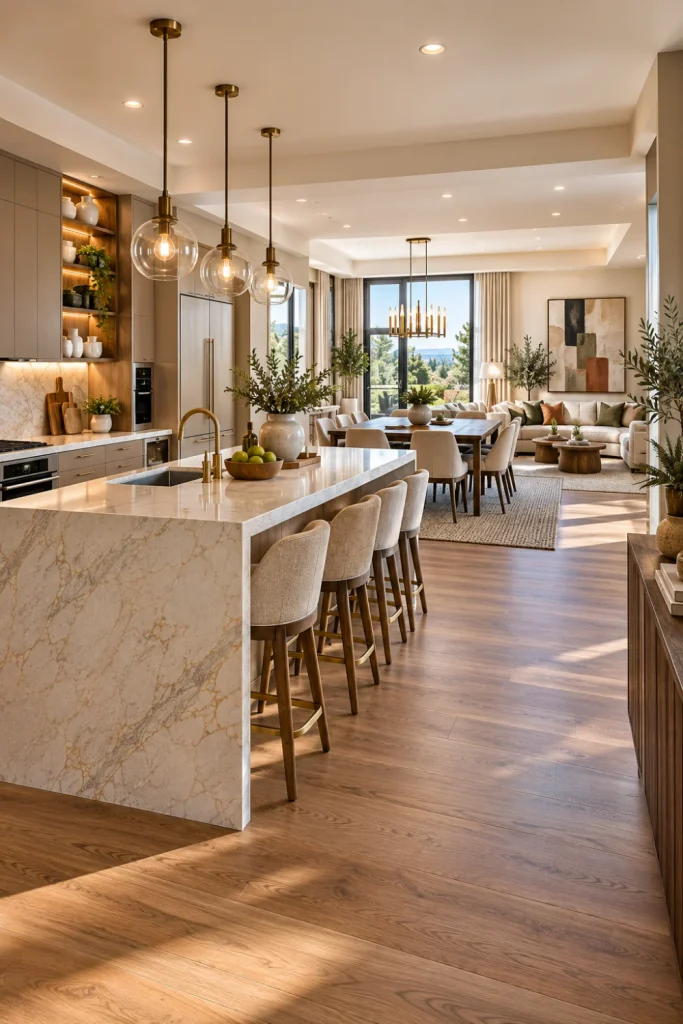 Connected modern kitchen dining living open-plan interior with island zoning, contemporary furniture, warm lighting, and seamless visual flow.