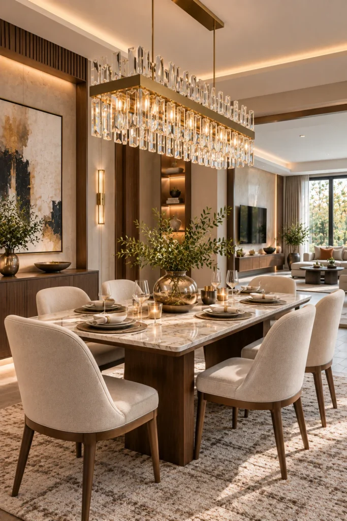 Contemporary crystal chandelier with streamlined metal framing above a luxurious dining room featuring cream chairs, marble accents, warm wood cabinetry, and modern elegant decor.
