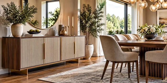 Elegant modern dining room featuring a sleek designer sideboard with warm wood cabinetry, refined decor, sculptural lighting, neutral walls, contemporary dining chairs, and a stylish table in a bright upscale interior.